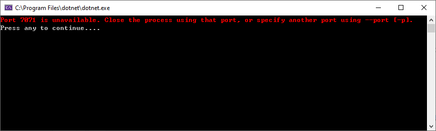 Port 7071 is unavailable. Close the process using that port, or specify another port using --port [-p]