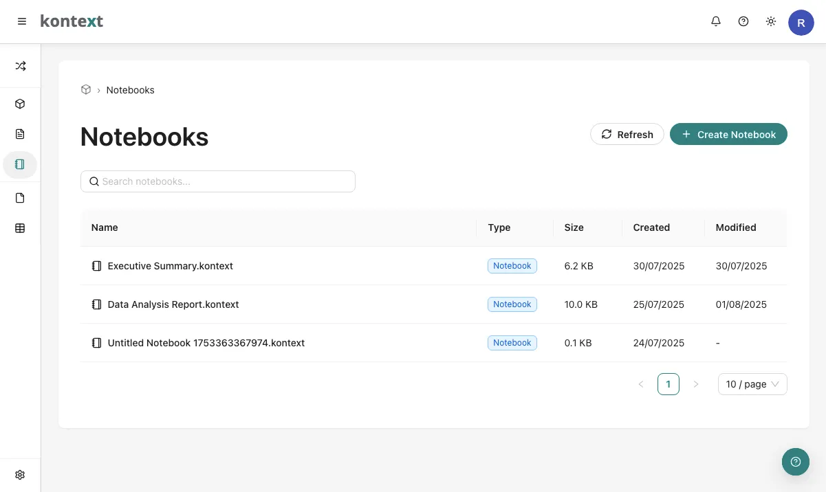 Kontext Notebook List Screenshot