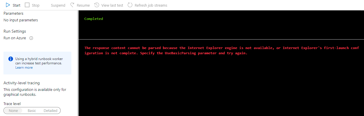 Azure PowerShell Runbook Error - Internet Explorer engine is not available