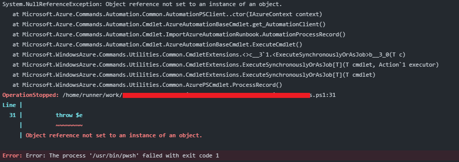 Github Action Az Automation PowerShell: Object reference not set to an instance of an object